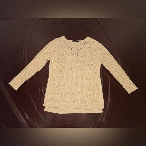 NIC+ZOE Cream V-Neck Open-weave Cable Knot Crochet 3/4 Sleeve Sweater Small - Picture 2 of 9